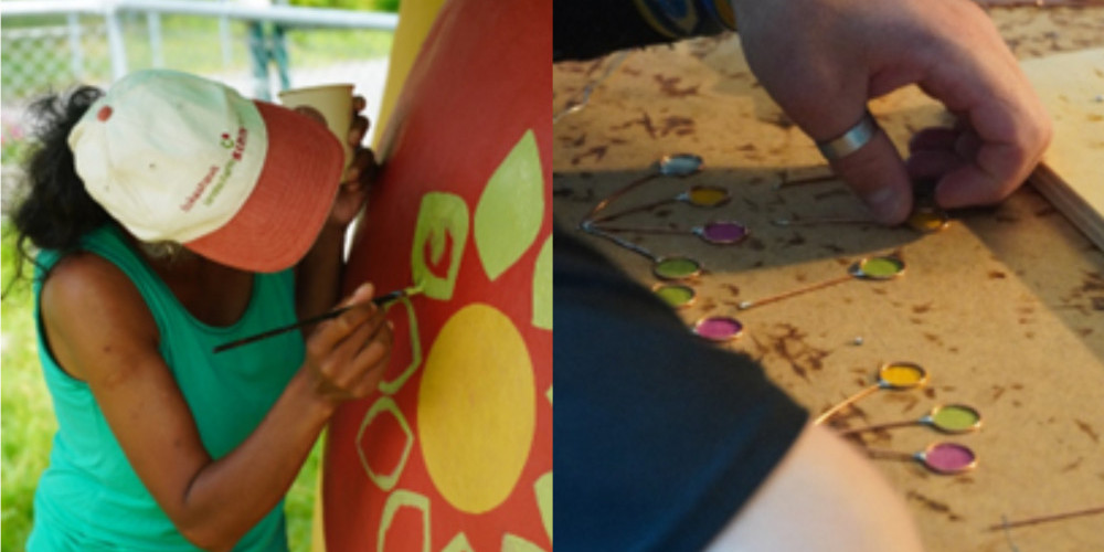 Zwei Fotos: Eine Person bemalt ein grosses Objekt. Auf dem anderen legt eine Hand farbige Nadeln auf einer Unterlage aus. 